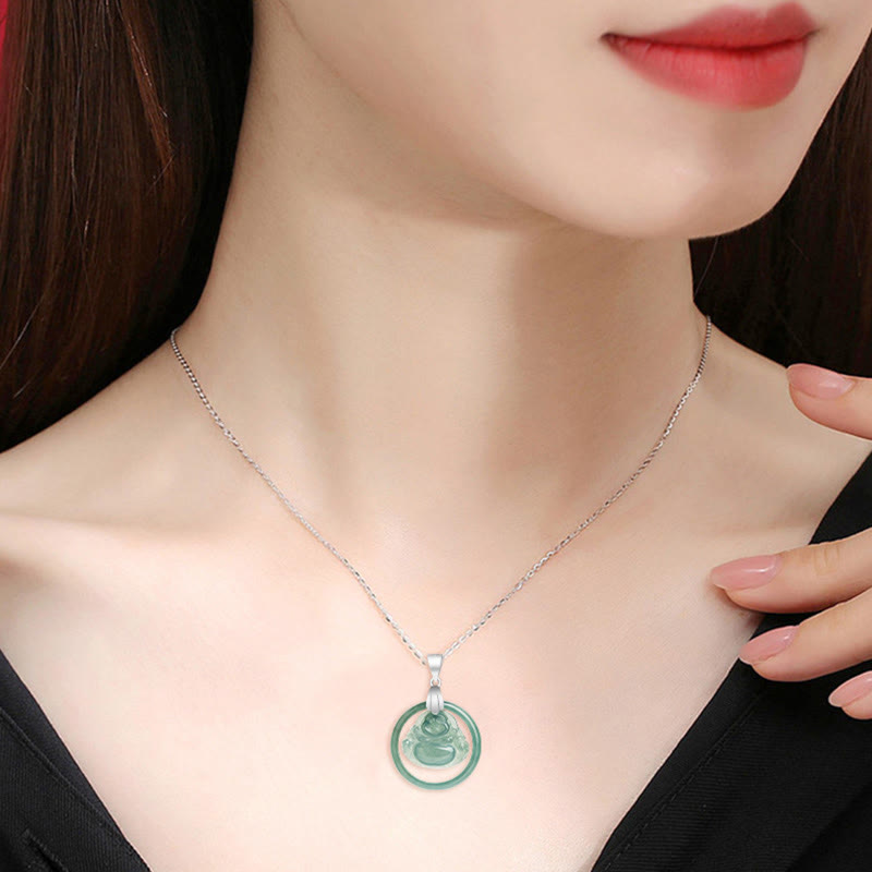 Wear FengShui Natural Jade Round Laughing Buddha Abundance Titanium Steel Chain Necklace Pendant