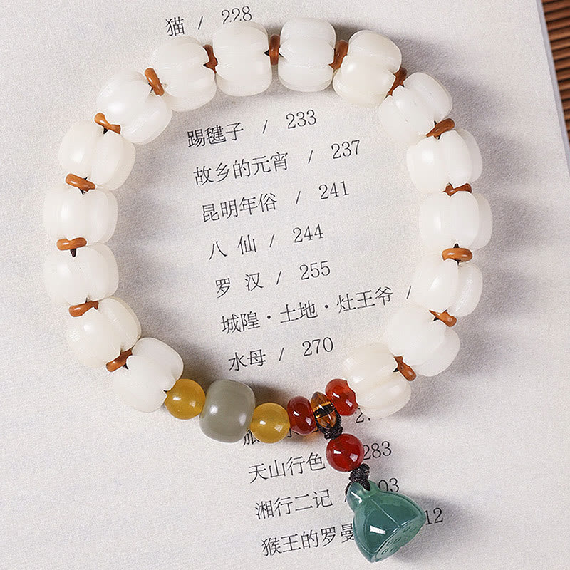 Wear FengShui Natural Bodhi Seed Red Agate Bodhi Calm Harmony Engraved Pumpkin Bead Lotus Bracelet