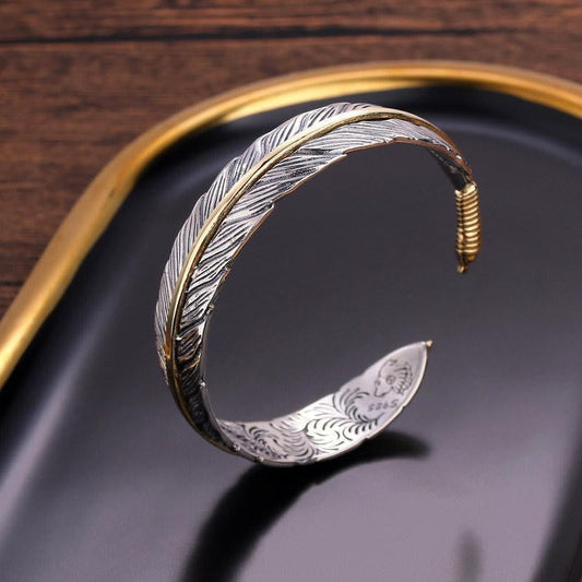 Wear FengShui Feather Pattern Carved Luck Wealth Cuff Bracelet Bangle