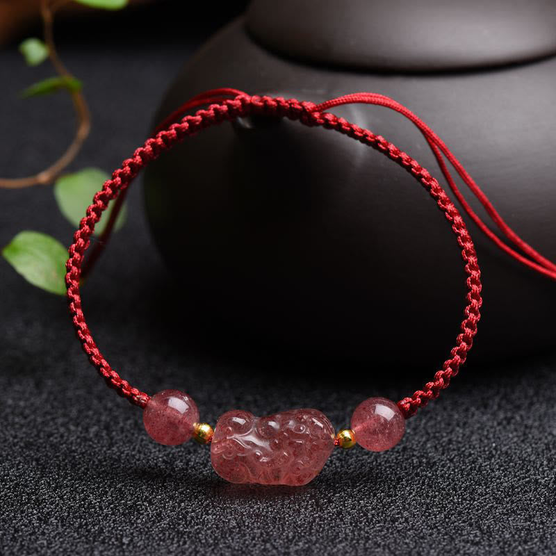 Wear FengShui Natural Strawberry Quartz PiXiu Lucky Red String Bracelet