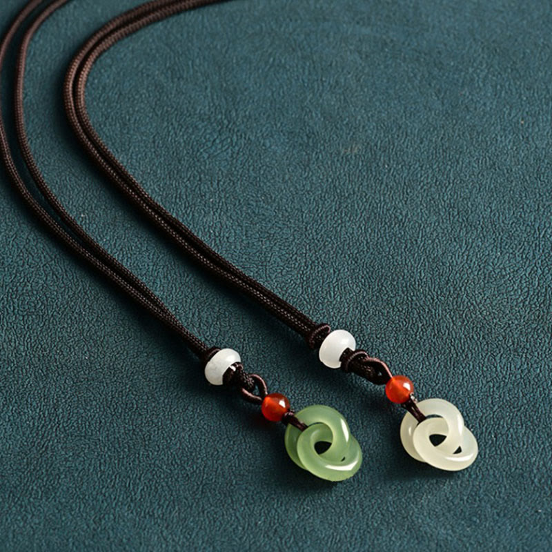 Wear FengShui Natural Hetian Cyan Jade White Jade Double Peace Buckle Success Necklace Pendant