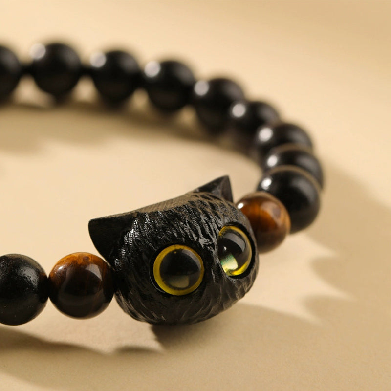 Wear FengShui Cute Ebony Wood Cat Head Pattern Peace Bracelet