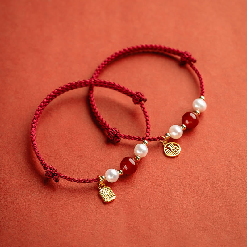Wear FengShui 925 Sterling Silver Good Fortune Fu Character Agate Pearl Red String Braid Bracelet