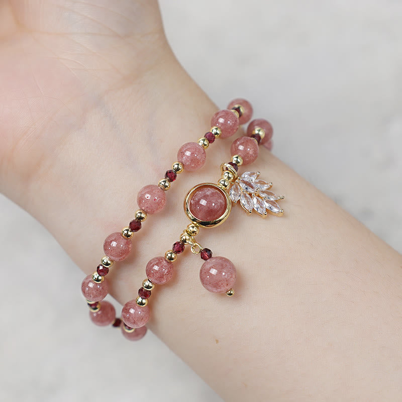Wear FengShui Natural Strawberry Quartz Love Healing Maple Leaf Charm Double Wrap Bracelet