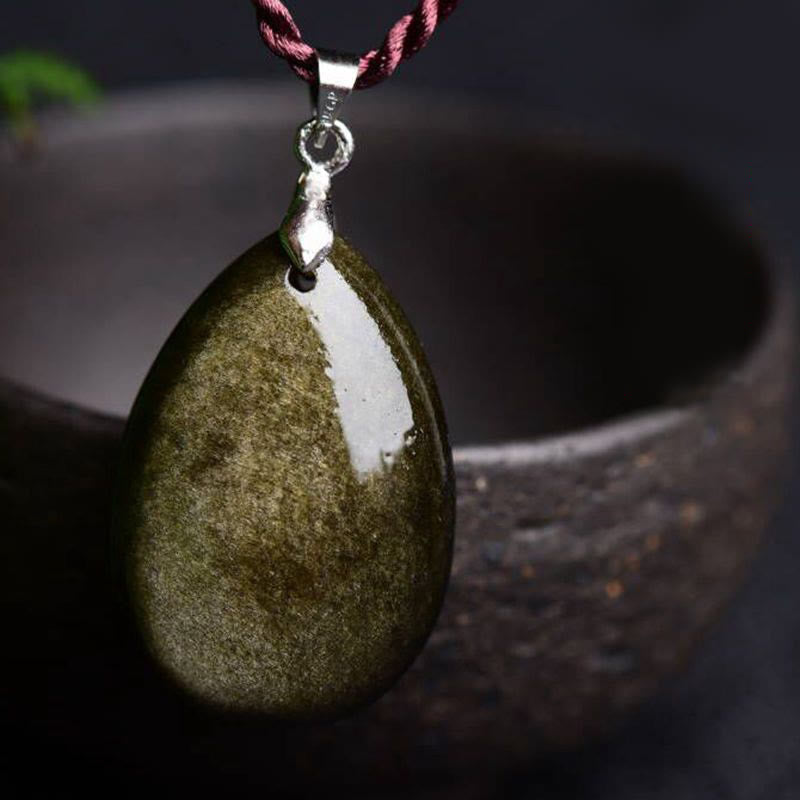 Wear FengShui Gold Sheen Obsidian Black Obsidian Rainbow Obsidian Wealth Water Drop Necklace Pendant
