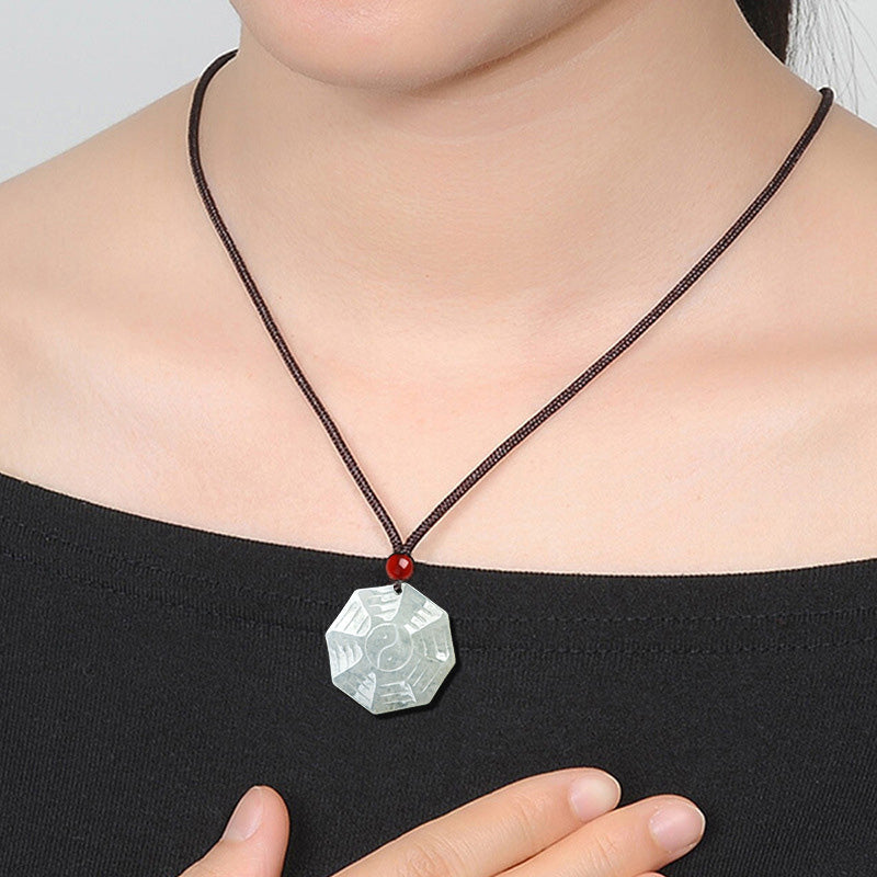 Wear FengShui Natural Jade Bagua Yin Yang Luck Necklace Pendant