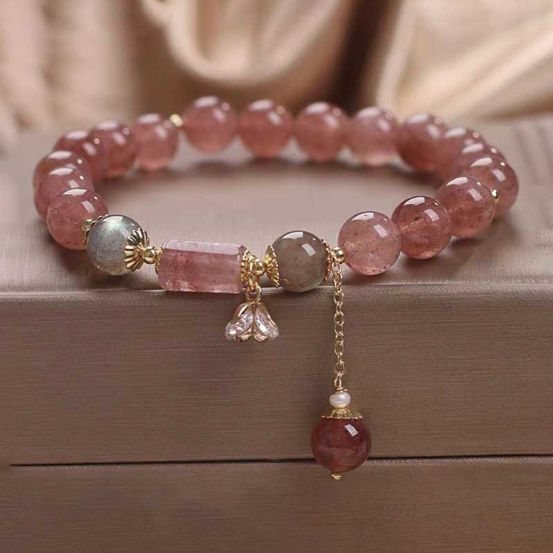 Wear FengShui Natural Strawberry Quartz Zircon Flower Positive Charm Bracelet