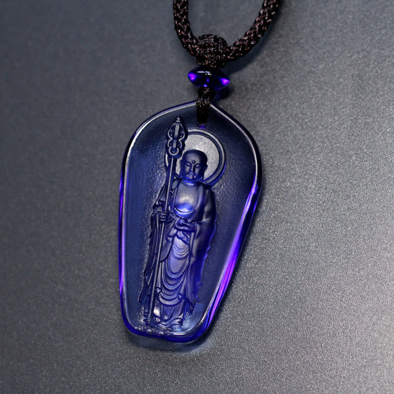 Wear FengShui Ksitigarbha Buddha Liuli Crystal Serenity Amulet Necklace Pendant