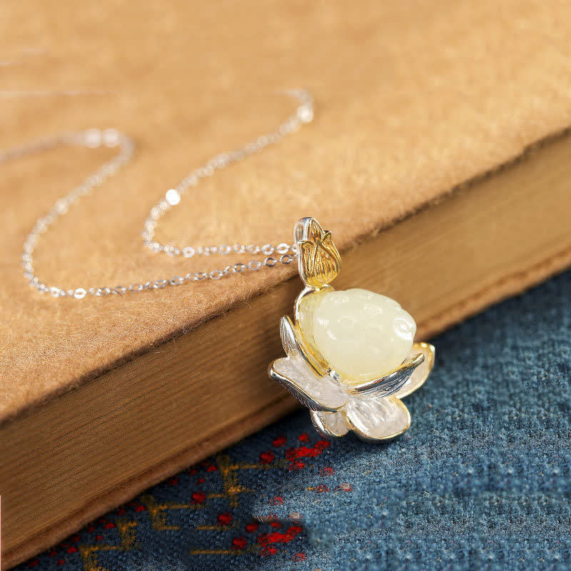 Wear FengShui White Jade Lotus Flower Happiness Necklace