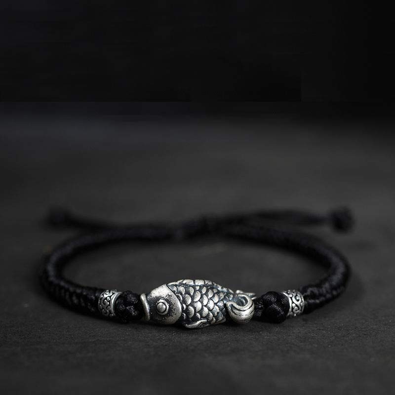 Wear FengShui Silver Luck Koi Fish Braided String Bracelet