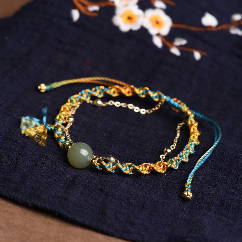 Wear FengShui Handmade Colorful Rope Luck Jade Bead Abundance Double Layer Bracelet
