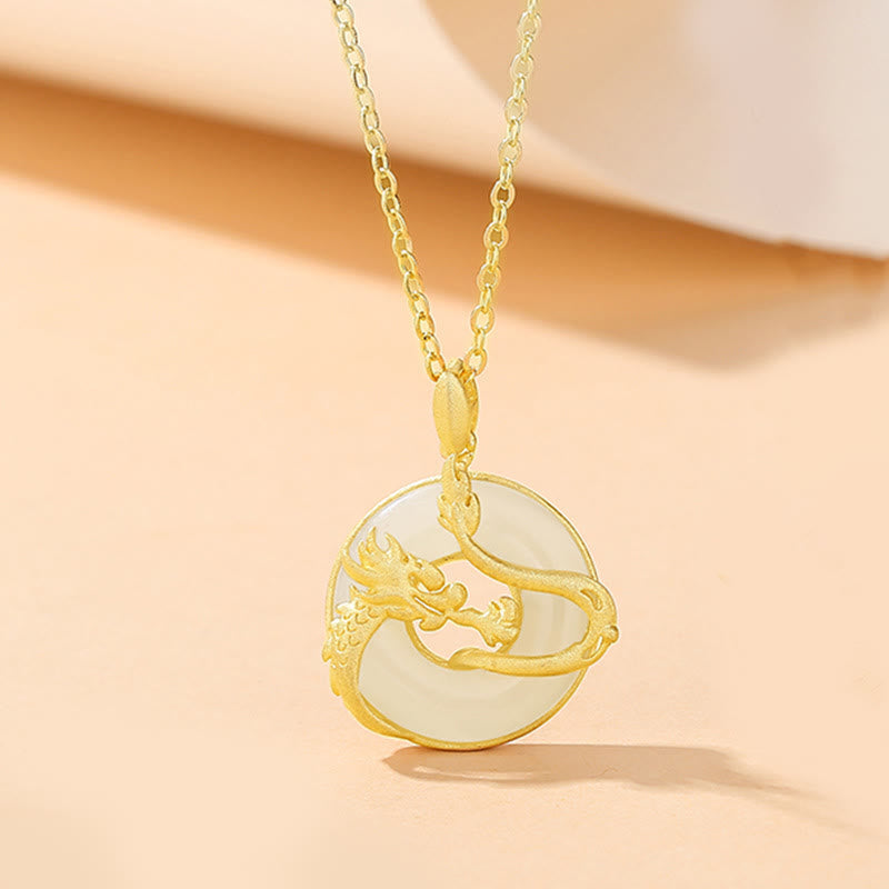 Wear FengShui 925 Sterling Silver Year of the Dragon Hetian Jade Golden Dragon Phoenix Peace Buckle Luck Necklace Pendant