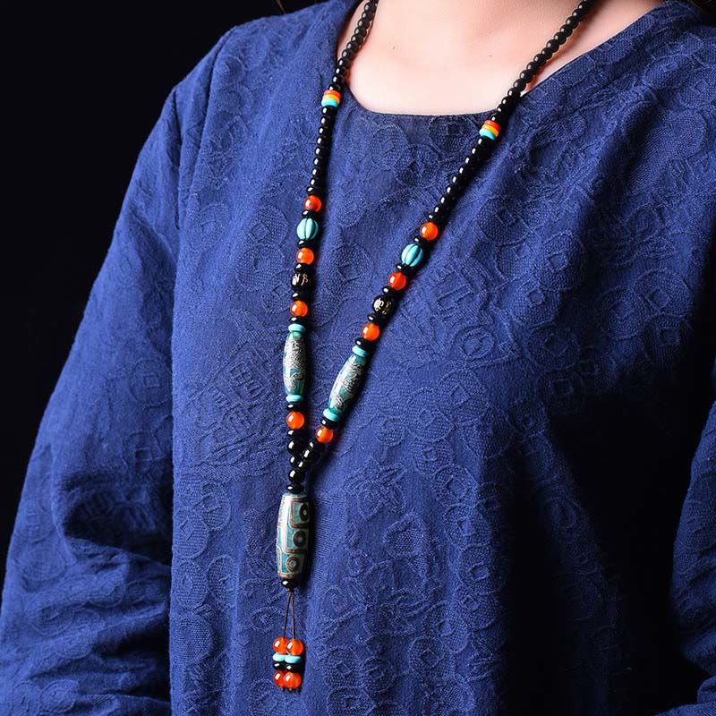 Wear FengShui Tibetan Nine-Eye Dzi Bead Dragon Pattern Om Mani Padme Hum Protection Necklace Pendant