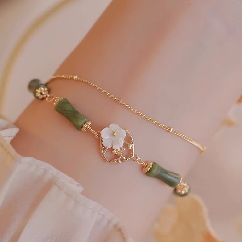 Wear FengShui 14k Gold Plated Copper Peridot Bamboo Flower Wealth Double Layer Bracelet