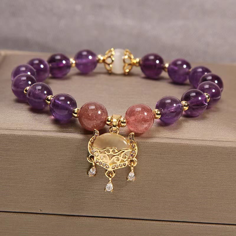 Wear FengShui Natural Amethyst Strawberry Quartz Cat Eye Chinese Lock Charm Healing Bracelet
