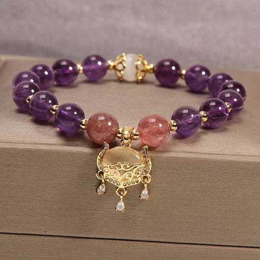 Wear FengShui Natural Amethyst Strawberry Quartz Cat Eye Chinese Lock Charm Healing Bracelet