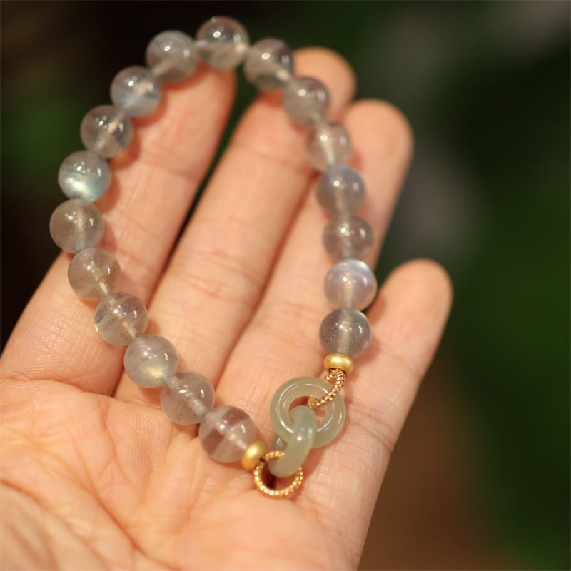 Wear FengShui Natural Moonstone Heitan Jade Peace Buckle Healing Bracelet