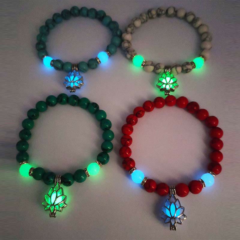 Wear FengShui Tibetan Turquoise Glowstone Luminous Bead Lotus Protection Bracelet