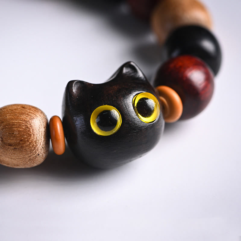 Wear FengShui Small Leaf Red Sandalwood Ebony Wood Cute Cat Engraved Protection Bracelet