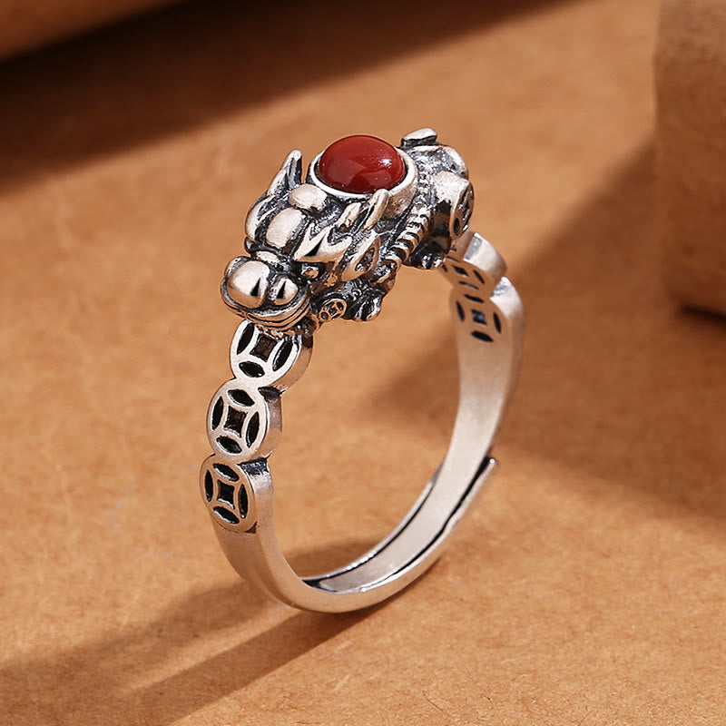 Wear FengShui PiXiu Copper Coin Red Agate Wealth Luck Ring