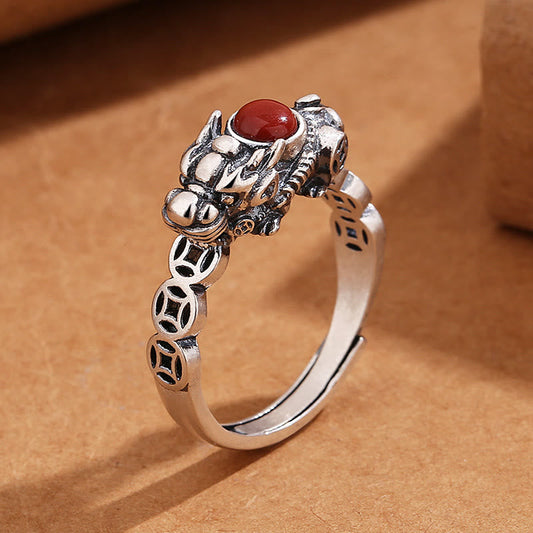 Wear FengShui PiXiu Copper Coin Red Agate Wealth Luck Ring