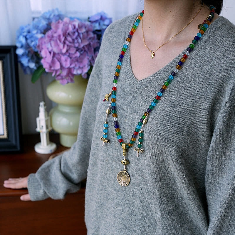 Wear FengShui Tibetan 108 Mala Beads Multicolored Liuli Glass Bead Chinese Zodiac Nine Palaces Eight Diagrams Charm Bracelet