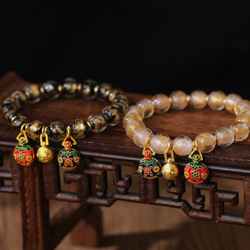 Wear FengShui Gold Swallowing Beast Family Charm Gold Silver Foil Liuli Glass Bead Blessings Bracelet