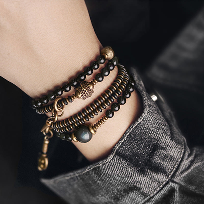 Wear FengShui Rainbow Obsidian Ebony Wood Copper Positive Multilayer Bracelet