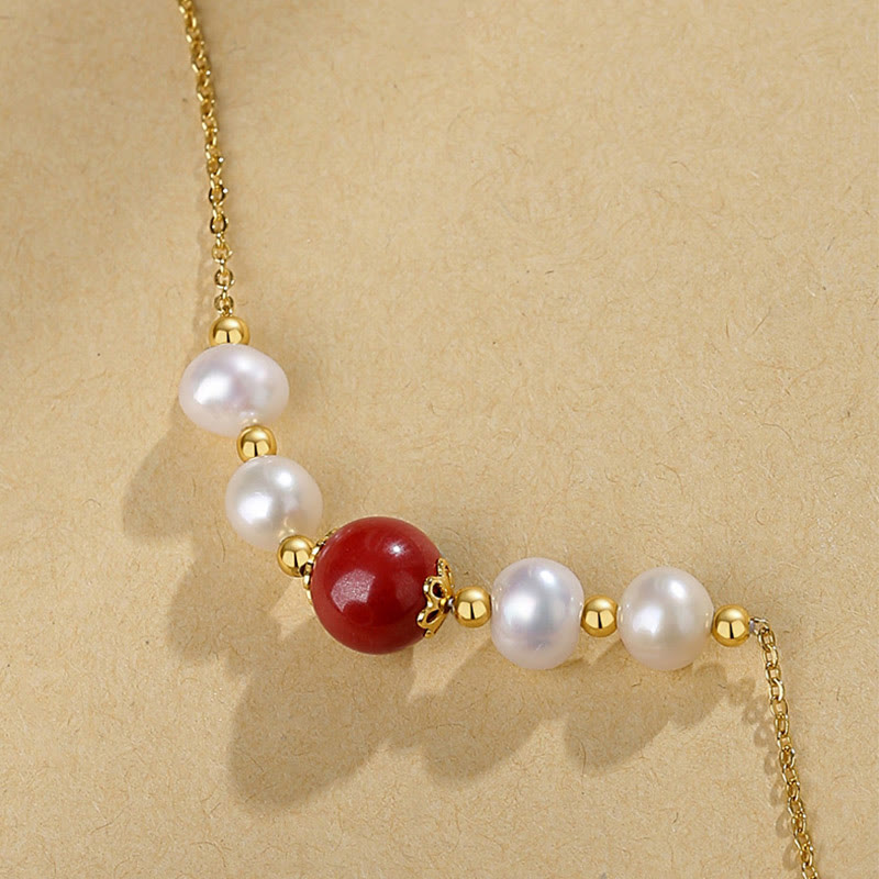 Wear FengShui 925 Sterling Silver Pearl Cinnabar Sincerity Healing Bead Chain Necklace Pendant