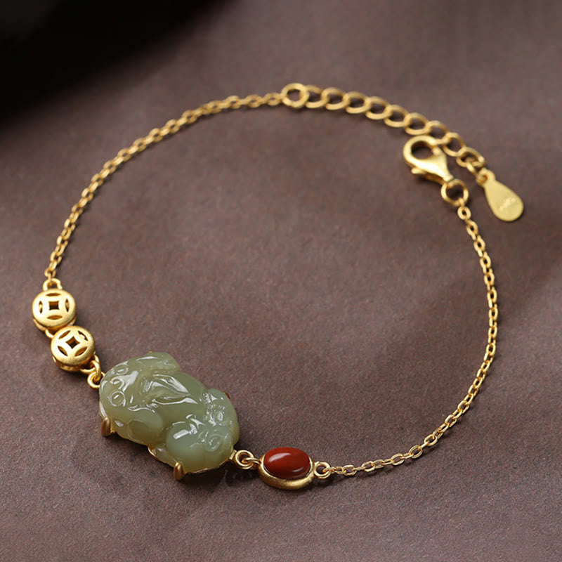 Wear FengShui Cyan Jade PiXiu Copper Coin Red Agate Success Chain Bracelet