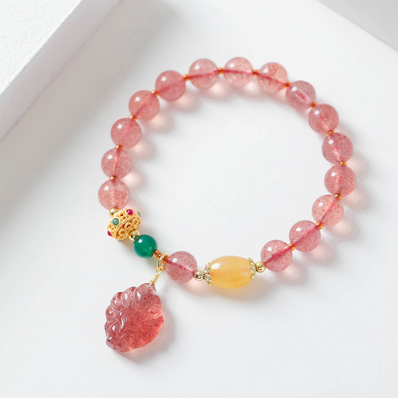 Wear FengShui Natural Strawberry Quartz Nine Tailed Fox Healing Bracelet