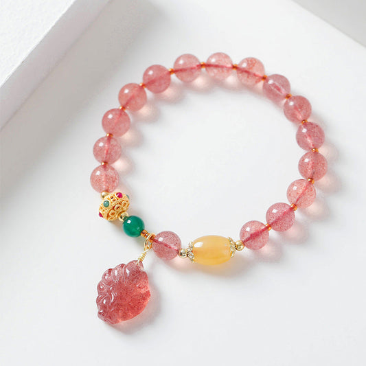 Wear FengShui Natural Strawberry Quartz Nine Tailed Fox Healing Bracelet