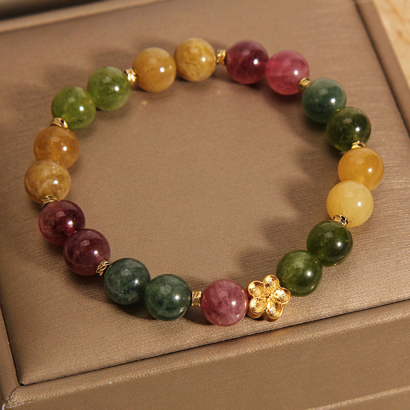 Wear FengShui Natural Colorful Tourmaline Golden Flower Positive Bracelet