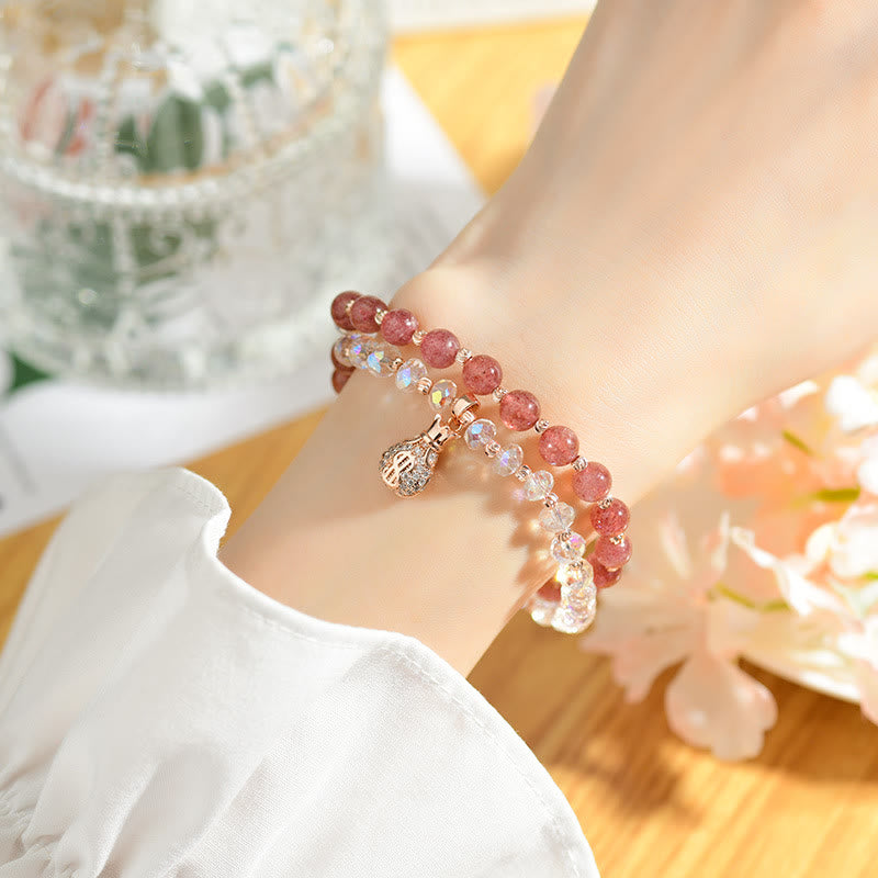 Wear FengShui Strawberry Quartz White Crystal Money Bag Charm Positive Bracelet