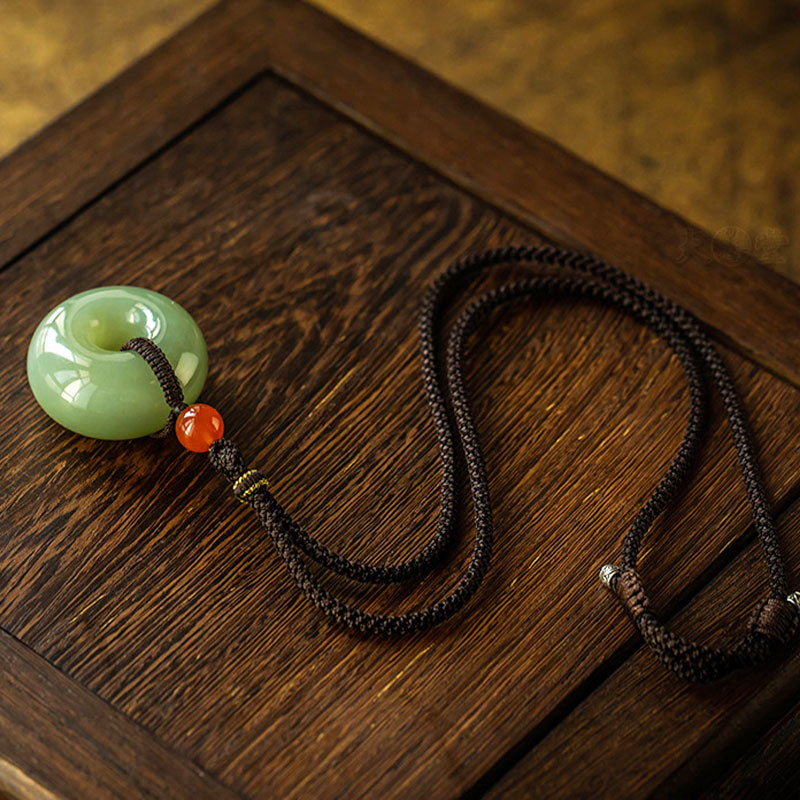 Wear FengShui Natural Round Jade Gray Jade Peace Buckle Luck Necklace Pendant