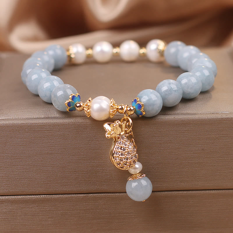 Wear FengShui Aquamarine Pearl Fortune Money Bag Charm Bracelet
