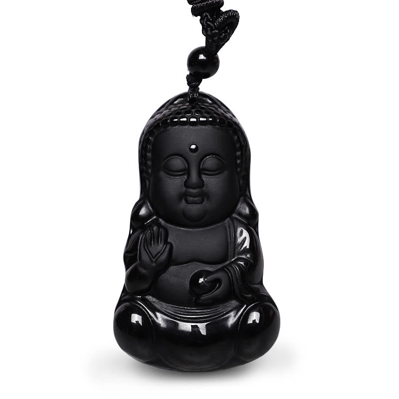 Wear FengShui Natural Black Obsidian Crystal Buddha Strength Protection Amulet Lucky Charm Pendant Necklace