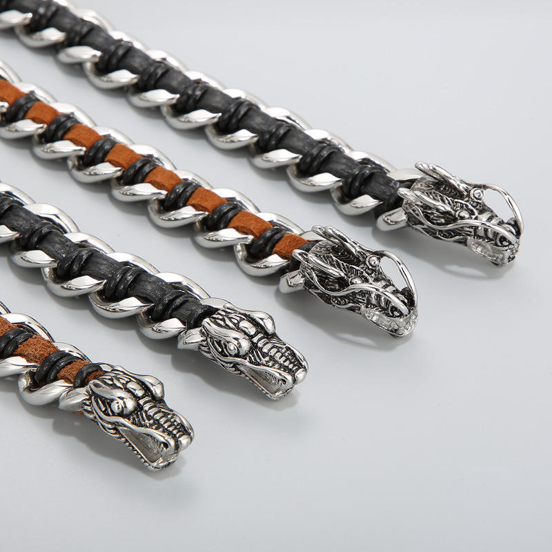 Wear FengShui Dragon Leather Titanium Steel Protection Luck Braided Bracelet