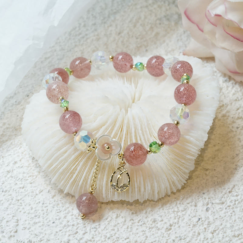 Wear FengShui Strawberry Quartz Rutilated Quartz Fluorite Flower Healing Bracelet