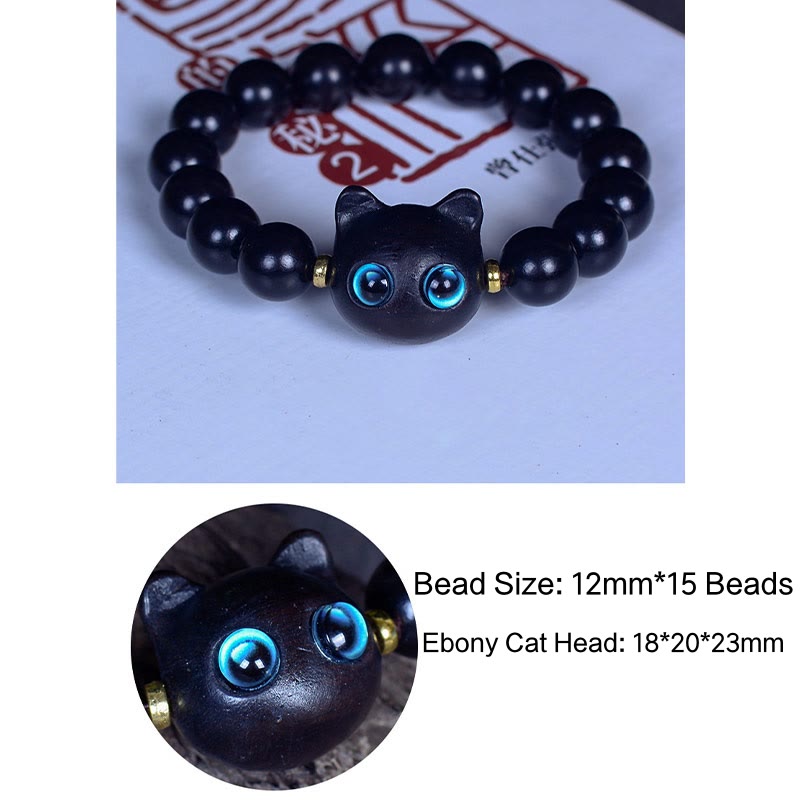 Wear FengShui Ebony Wood Liuli Glass Lovely Cat Peace Balance Bracelet