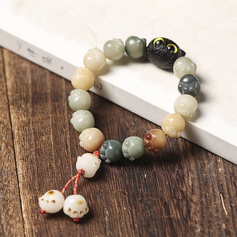 Wear FengShui Natural Bodhi Seed Lovely Paw Ebony Wood Lucky Cat Wisdom Bracelet