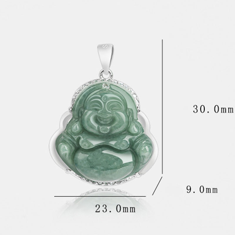 Wear FengShui Laughing Buddha Jade Abundance Necklace Titanium Steel Chain Pendant