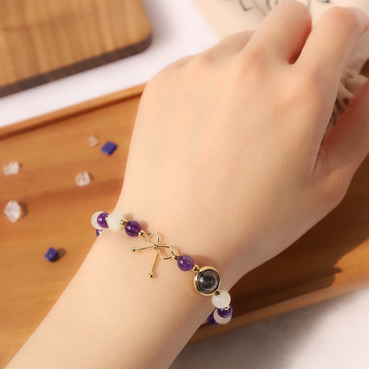 Wear FengShui Amethyst Cat Eye Black Rutilated Quartz Spiritual Bead Bracelet