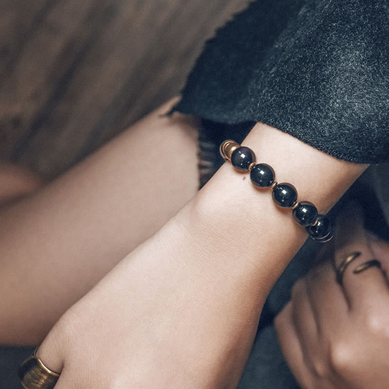 Wear FengShui Lava Rock Stone Rainbow Obsidian Brass Support Healing Bracelet