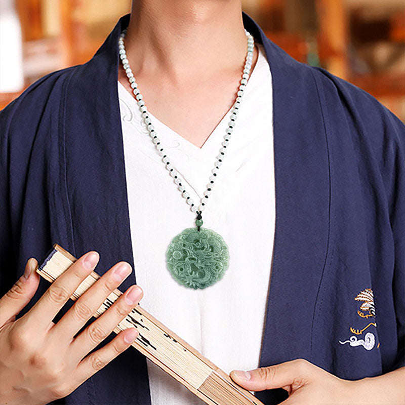 Wear FengShui Chinese Zodiac Dragon Jade Fortune Necklace String Pendant