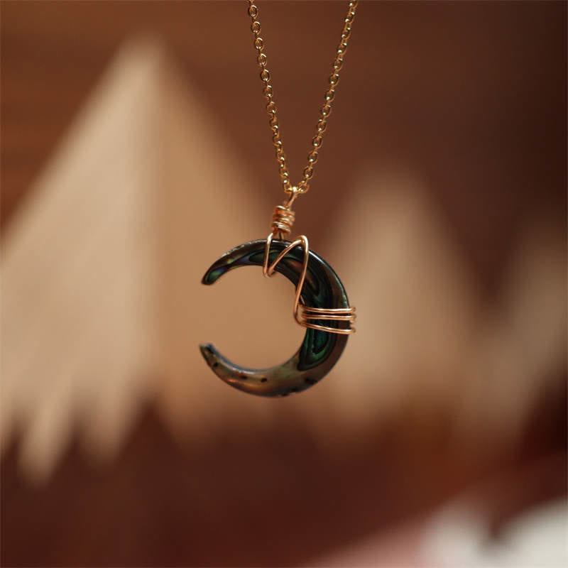 Wear FengShui Natural Tridacna Stone Crescent Moon Blessing Necklace Pendant