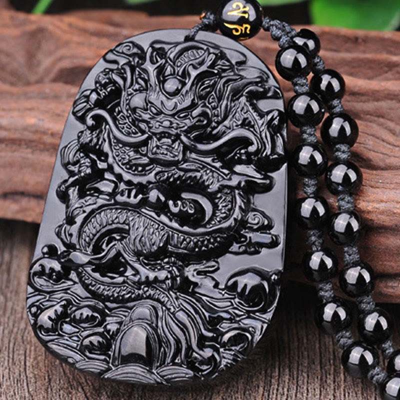 Wear FengShui Black Obsidian Stone Dragon Fulfilment Pendant Necklace