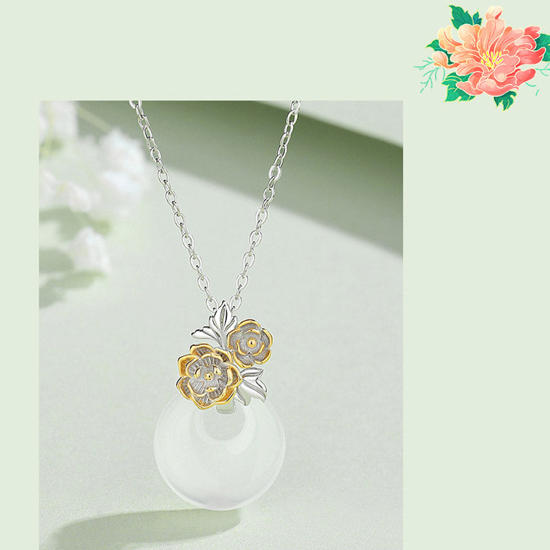 Wear FengShui 925 Sterling Silver Round Chalcedony Twelve Months Flower Harmony Necklace Pendant