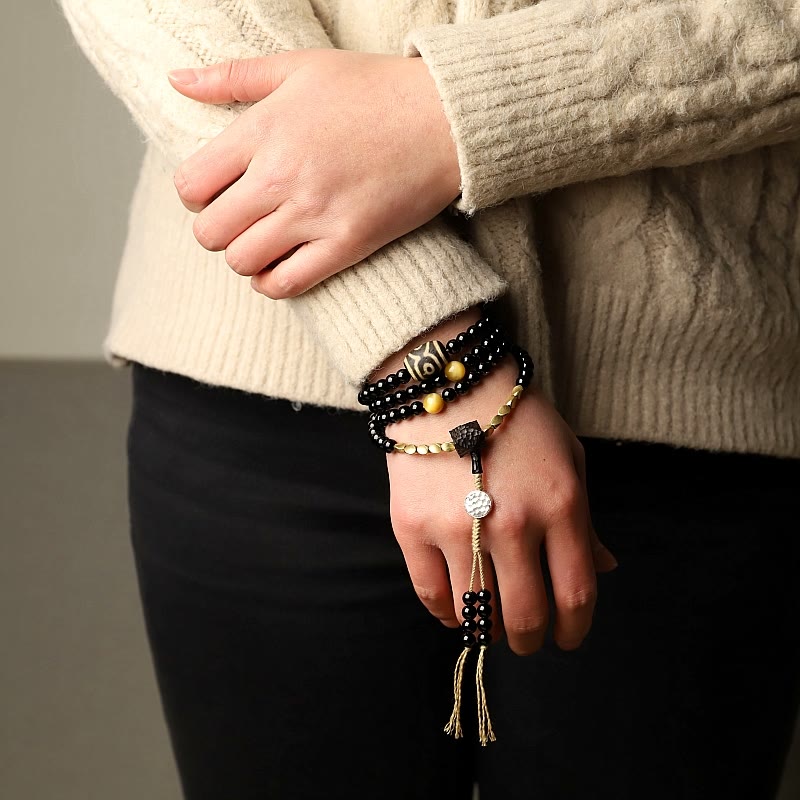 Wear FengShui Tibetan 108 Mala Beads Black Onyx Three-eyed Dzi Beads Protection Bracelet