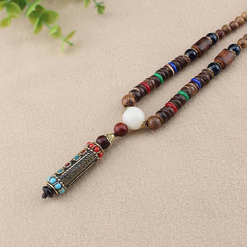 Wear FengShui Tibetan Om Mani Padme Hum Dzi Bead Wenge Wood Necklace Pendant